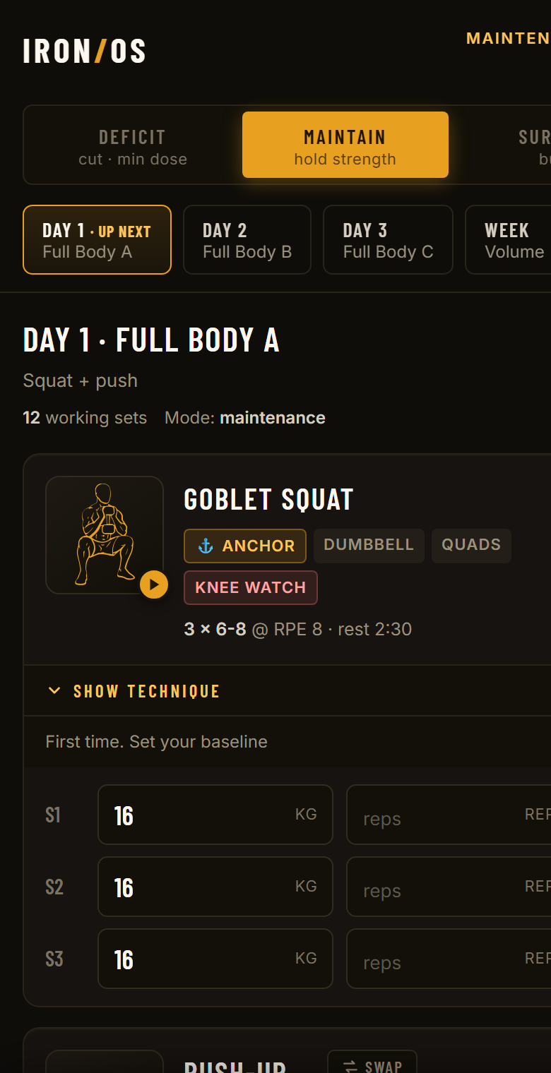 The IRON/OS workout app on a phone: an illustrated goblet squat card with anchor and knee watch tags, three sets to log, and the rest timer running